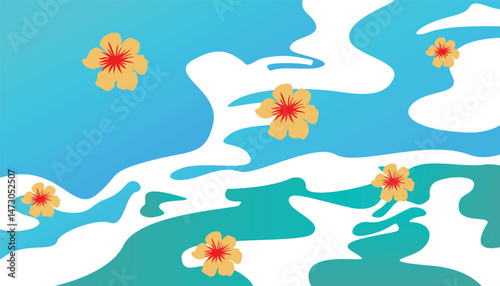 Scattered Yellow Hibiscus Flowers with Red Centers on a Blue Background