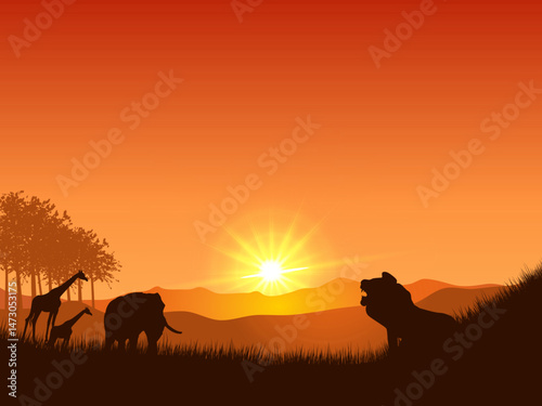 Silhouetted African Animals at Sunset Giraffes Elephant and Lion