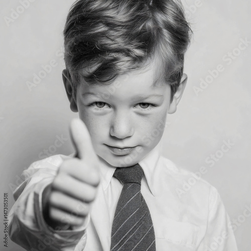 child boy thumbs up approval portrait gesture hairstyle shirt tie blackandwhite confidence happy facialexpression smile youth clothing fashion looking positive emotion innocence studio cheerful  photo