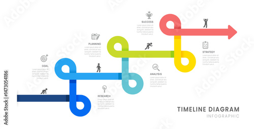 Business roadmap timeline infographic with 6 milestones elements, diagram, arrow and icon, vector.