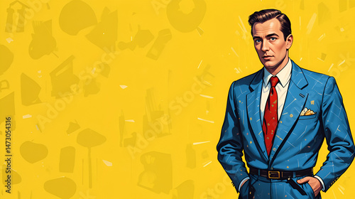a 1950s advertising illustration of a man on yellow background, room for text