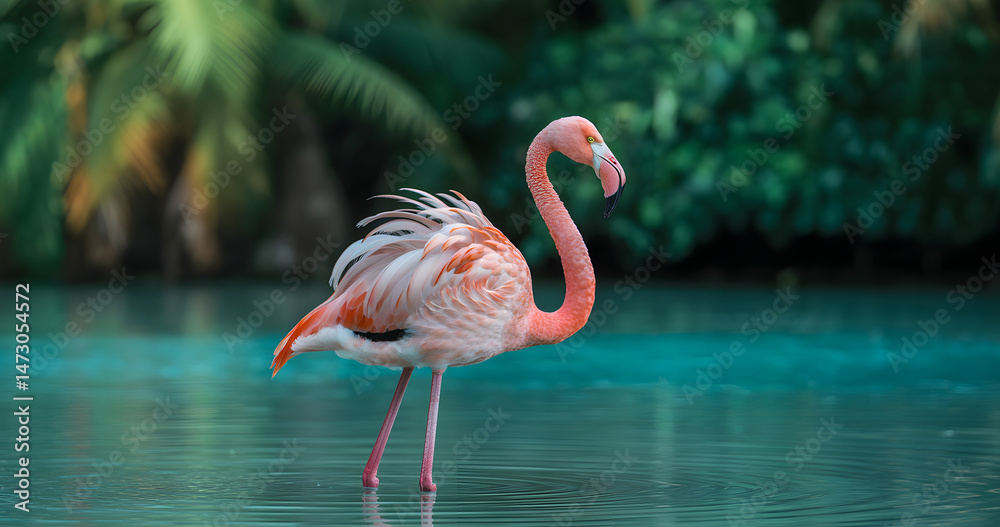 Fototapeta premium A pink flamingo, a beautiful tropical bird with red feathers and a distinctive beak, stands gracefully in the water amidst stunning natural beauty