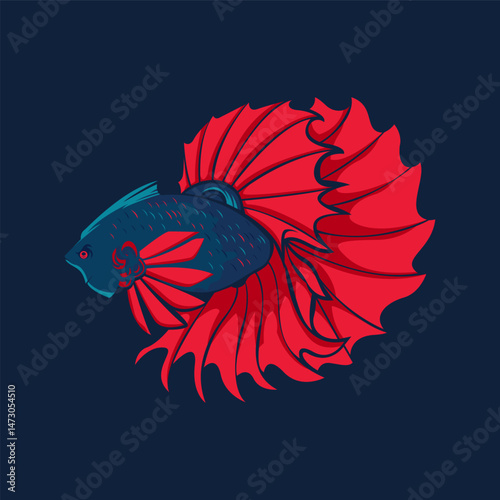 Stylized Betta Fish with Flowing Red Fins and Blue Body