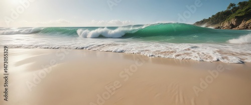 Emerald green waves curl, crashing onto a pristine sandy beach , background, tropical