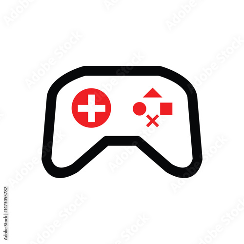 Stylized Game Controller with Red Geometric Shapes on a White Background