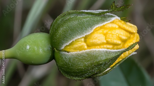 Closeup Yellow Rose Bud Unfolding Green Sepal Macro Photography