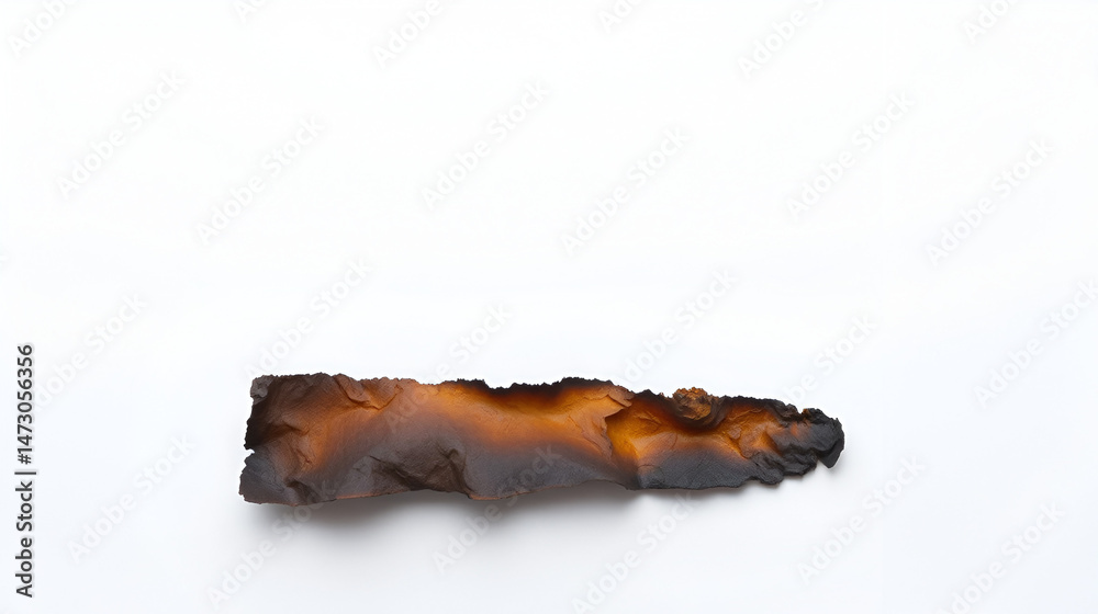 Fototapeta premium A fragment of burnt paper lying on a white surface