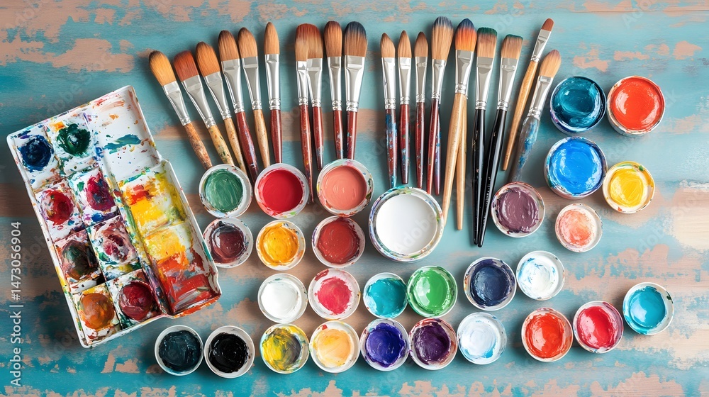 Naklejka premium Vibrant Artist Paint Brushes and Colors Palette