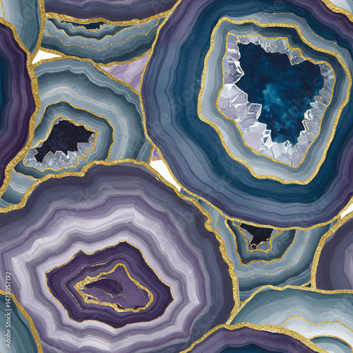 Geode Luxury: Seamless Abstract Blue & Amethyst Agate Watercolor with Brilliant Gold Metallic Edges Pattern