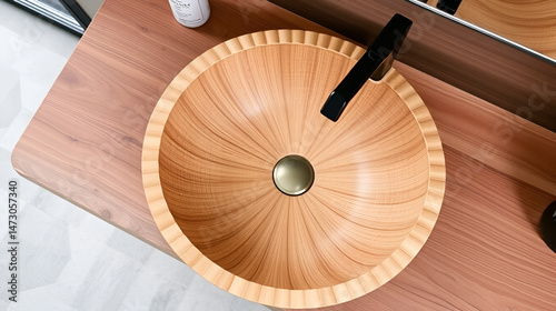 A contemporary wooden sink with fluted edges.
