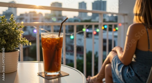 Woman Enjoying Iced Coffee on City Balcony at Sunset
