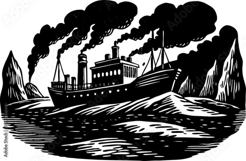A black and white illustration of a steamship navigating through icy waters and icebergs, emitting thick black smoke from its smokestacks.