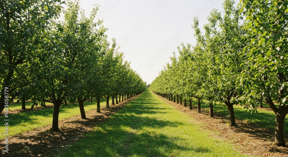 Obraz premium Rows of Lush Green Trees in a Sunny Orchard