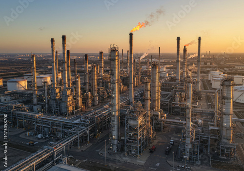 Wallpaper Mural Refinery with smokestacks silhouetted against a fiery sunset. Torontodigital.ca