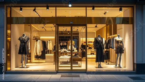 Fashion store. Mannequins display stylish apparel within a warmly lit, elegant retail space behind glass