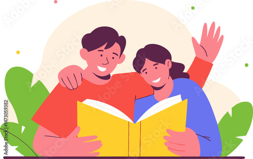 A happy couple is sitting closely together, sharing and reading a large open book, surrounded by abstract foliage, suggesting shared interests and a cozy moment.