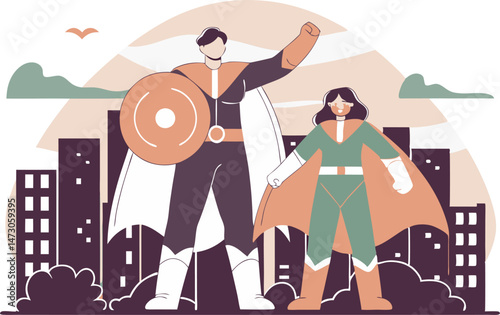 Two superheroes, a larger figure holding a shield and a smaller figure, stand confidently against a stylized cityscape, symbolizing teamwork, protection, and heroism.