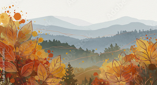 Autumn Cascade: Abstract Russet & Amber Foliage to Misty Blue Mountains, Copper Line Watercolor