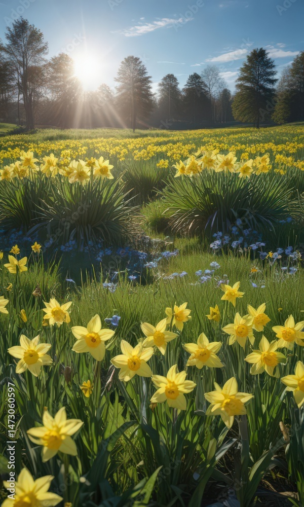 Obraz premium Sunlit daffodils burst forth in a verdant meadow under a brilliant blue sky , green field, flora, lush green