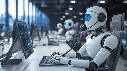 A futuristic ai driven call center with intelligent chatbots handling customer queries in modern digital art style