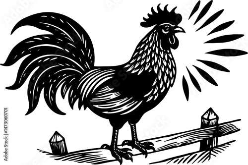 A black and white illustration of a rooster crowing while perched on a wooden fence.
