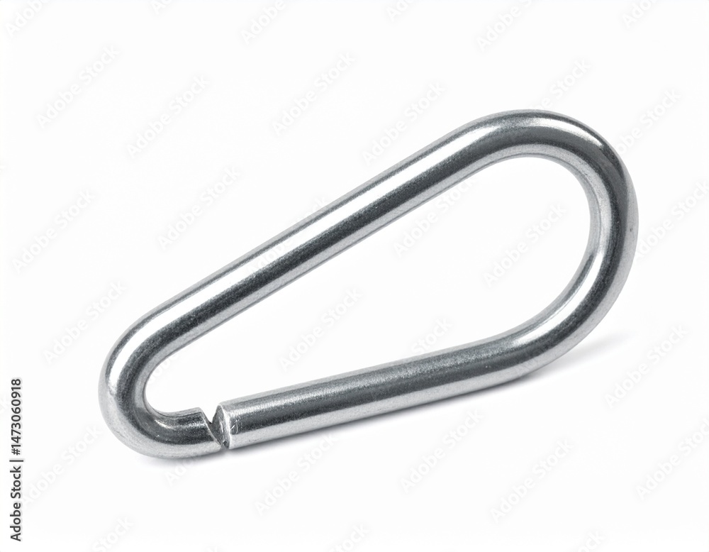 Shiny metal carabiner with a rounded, triangular shape isolated on a white background Shiny metal carabiner with a rounded, triangular shape isolated on a white background
