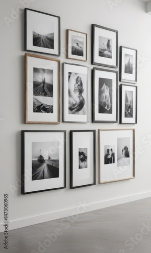Modern gallery wall mockup  Various sized frames on white wall  Clean, minimalist aesthetic ,  clean lines,  frame mockup,  gallery wall mockup