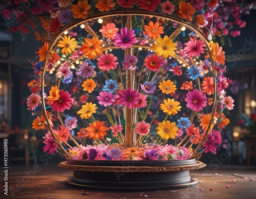 Vibrant floral carousel spins on phone screen  Blooming, colorful flowers rotate ,  mobile wallpaper,  colorful,  flower carousel