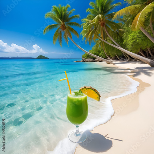 Tropical drinks at a sun-soaked beach with crystal-clear waters and palms for a quintessential summer escape