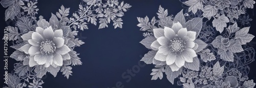 Intricate white floral lace on deep indigo gradient , pattern, art, surface