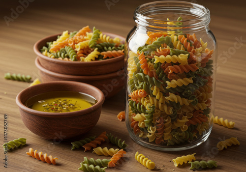Jar filled with pasta and vegetables.