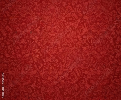 Intricate red damask floral wallpaper, rich textures , shabby chic, intricate