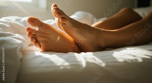 Wallpaper Mural Woman's Feet Resting on White Bed Sheets in Sunlight Torontodigital.ca