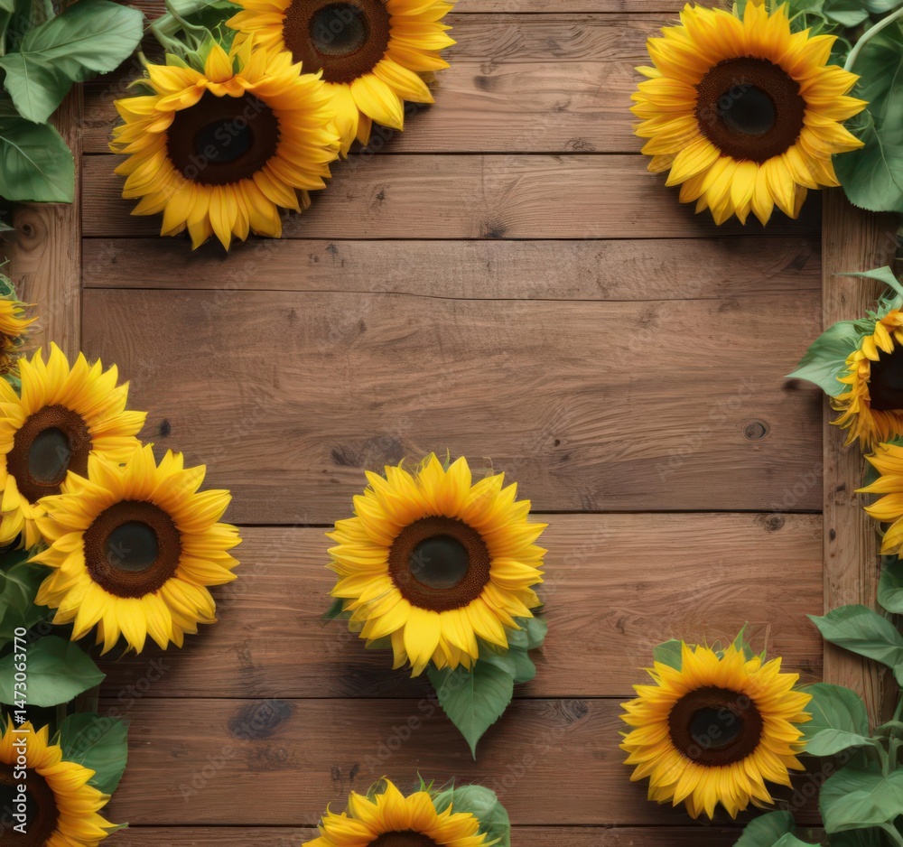 Obraz premium Sunflowers in vibrant bloom arranged on rustic wooden board , visual, wooden board