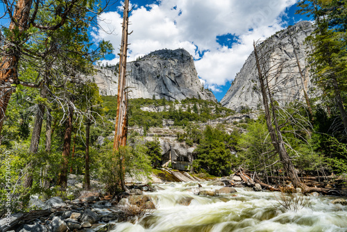 Fototapeta Naklejka Na Ścianę i Meble -  Yosemite National Park Vernal Falls, Nevada Falls, Emerald Pool, Mist Trail, and Charles Point in the Spring of 2025 with the stream and falls raging from snow melt