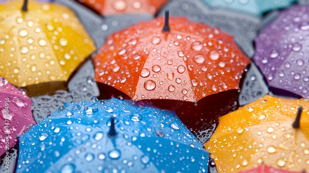 Colorful umbrellas with water drops close up view Colorful umbrellas with water drops close up view