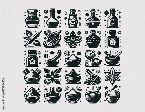 Assorted Spice Bottles and Bowls Vector Logo Design, Various Spice Jars and Bowls Vector Logo