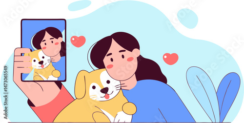 A person is taking a selfie with their dog, both looking happy and affectionate.