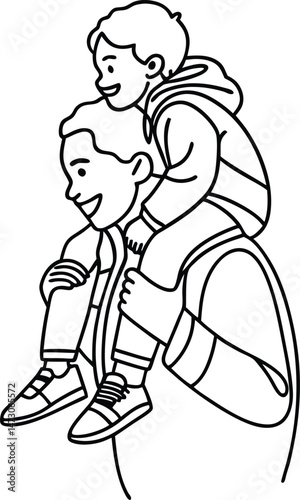 Father giving son a piggyback ride black and white outline illustration depicting love and family