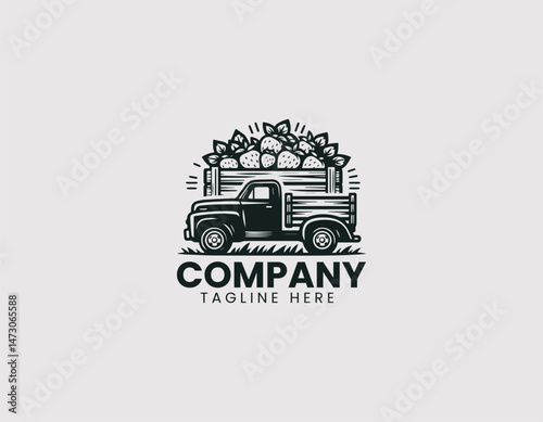 Pickup Truck Carrying Fresh Strawberries Wooden Crates Vector Logo Design, Truck Hauling Fresh Strawberries Wood Boxes Vector Logo