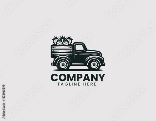 Pickup Truck Carrying Fresh Strawberries Wooden Crates Vector Logo Design, Truck Hauling Fresh Strawberries Wood Boxes Vector Logo