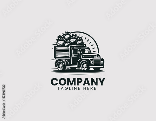 Pickup Truck Carrying Fresh Strawberries Wooden Crates Vector Logo Design, Truck Hauling Fresh Strawberries Wood Boxes Vector Logo