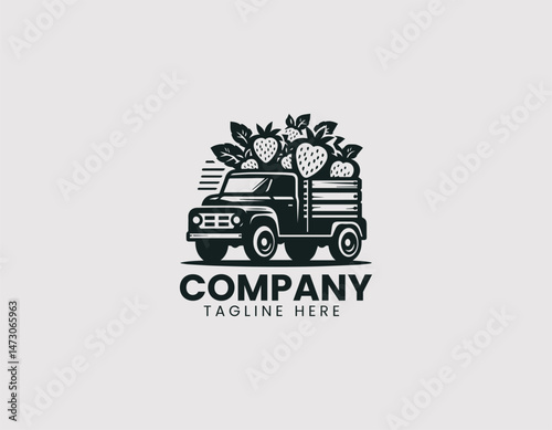 Pickup Truck Carrying Fresh Strawberries Wooden Crates Vector Logo Design, Truck Hauling Fresh Strawberries Wood Boxes Vector Logo