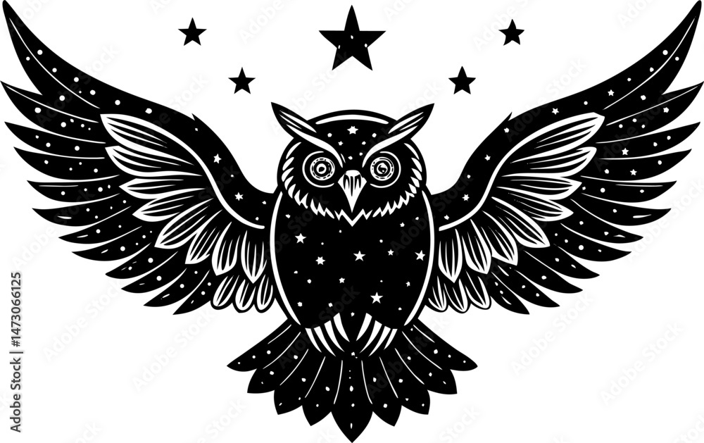Obraz premium A black and white illustration of an owl with outstretched wings, its body and wings filled with a starry night sky pattern, and several stars above it.