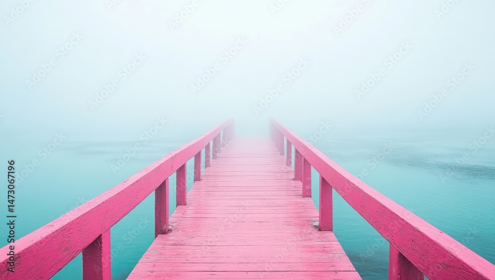 Fototapeta premium Pink wooden bridge into a misty expanse