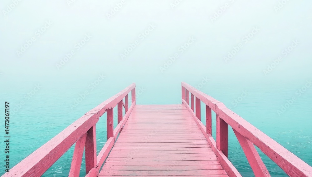 Fototapeta premium Pink wooden pier extending into a misty teal sea