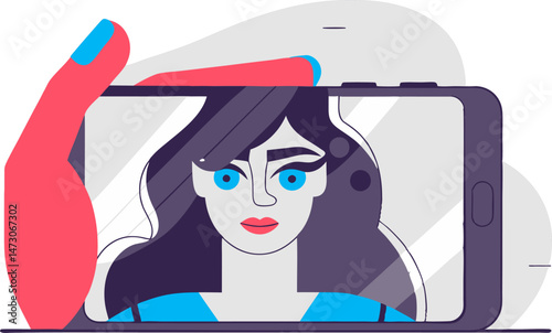 A hand holding a smartphone displaying a portrait of a woman, suggesting a selfie, video call, or social media interaction.