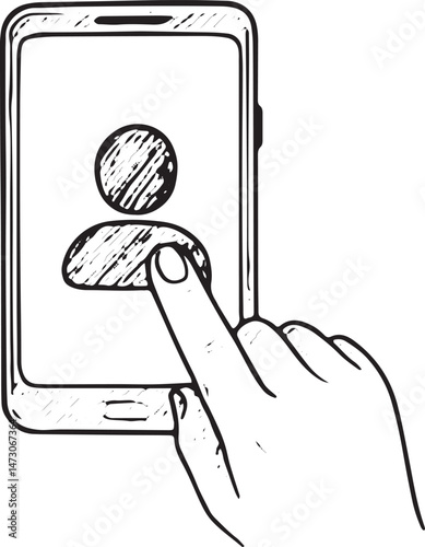 Black and white sketch of a hand tapping a profile icon on a smartphone, perfect for user account or social media designs. Ideal for UI/UX or tech projects