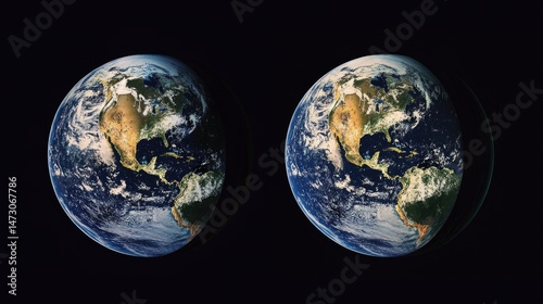 Two simultaneous views of planet Earth in space.