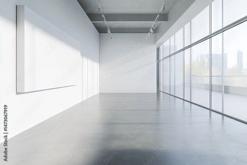 Modern. spacious art gallery interior featuring large windows with city views. minimalistic design. and an empty white canvas ready for artwork display Modern. spacious art gallery interior featuring large windows with city views. minimalistic design. and an empty white canvas ready for artwork display